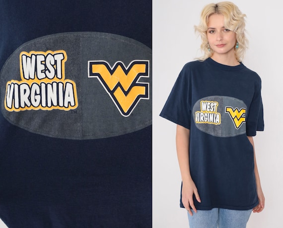 West Virginia University Shirt 90s WVU Mountaineer College T-Shirt Navy Blue Graphic Tee Morgantown Vintage 1990s Tultex Medium Large