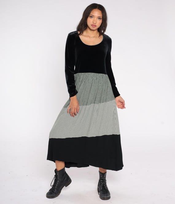 Velvet Gingham Dress 90s Black Green Gray Long Sleeve Jeffrey Dara Pleated Midi Patchwork Paneled Skirt Grunge Minimalist Winter Medium M