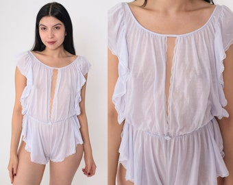 Pale Purple Teddy 80s Lingerie Bodysuit Semi-Sheer Ruffled Romper High Sides Cutout Low Armhole Tap Shorts Boudoir Vintage 1980s Small S