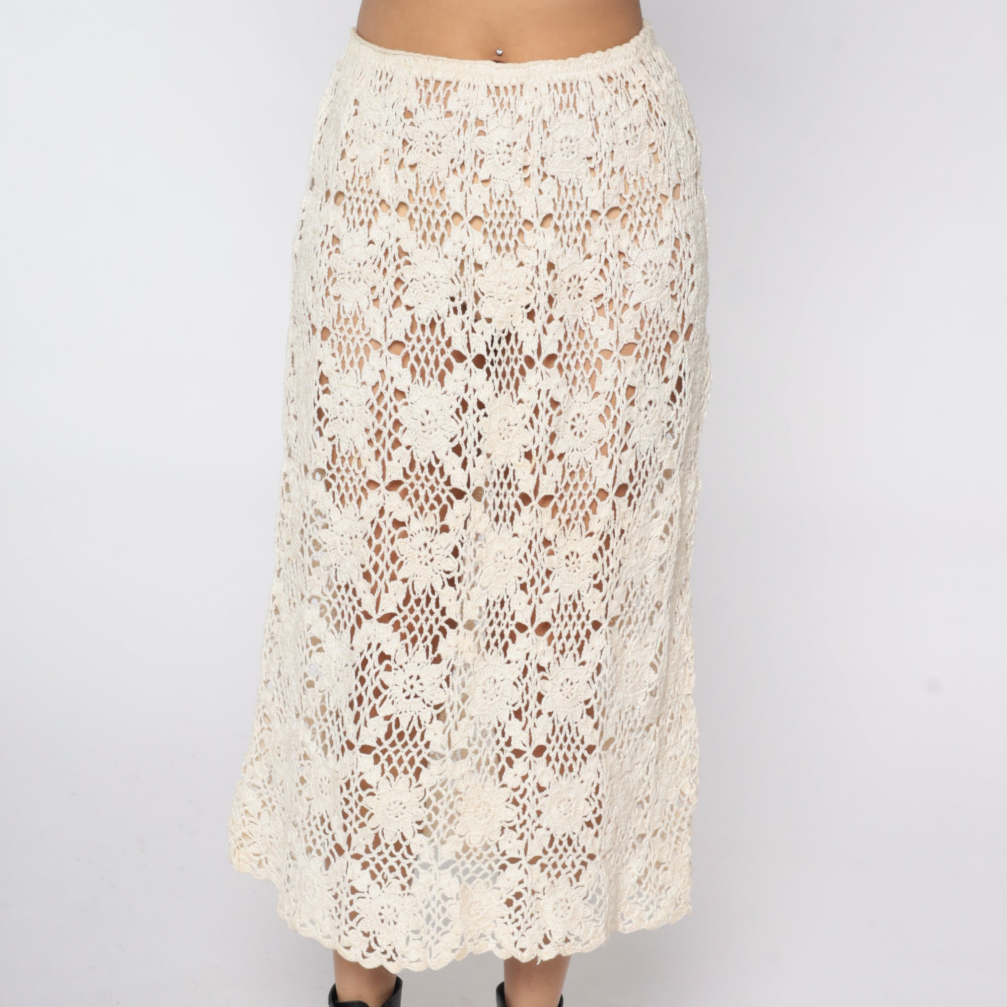 Sheer Crochet Skirt 90s Maxi SHEER Hippie High Waisted Open Weave Knit ...