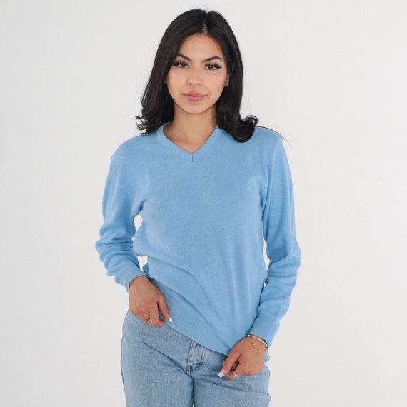 Cornflower Blue Sweater 80s V Neck Knit Pullover Sweater Slouchy Plain Basic Simple V-Neck Knitwear Acrylic Vintage 1980s Small Medium