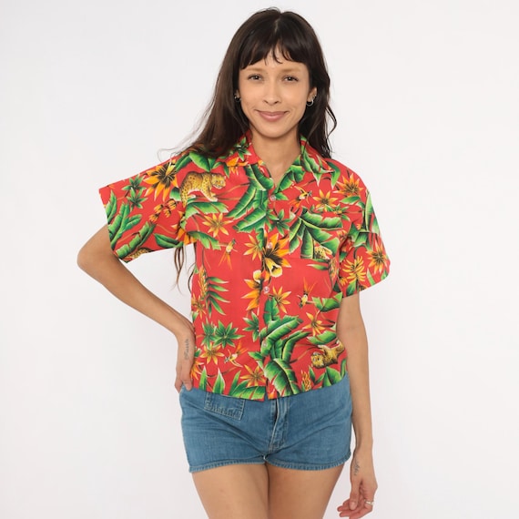 Jungle Leopard Hawaiian Shirt 80s Red Tropical Button Front Camp Collar Blouse Cotton Animal Print Short Sleeve Island Top Extra Small XS