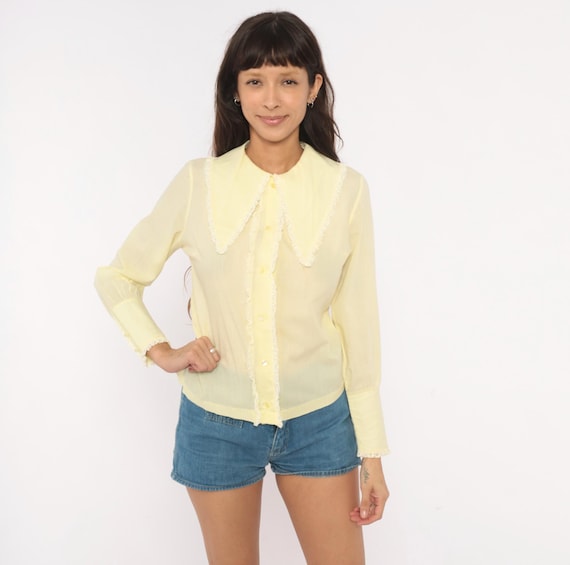70s Prairie Lace Trim Blouse Butter Yellow Shirt Sheer Cotton Long Sleeve Pointed Collar Feminine Prairie Cottagecore Top Vintage Small S