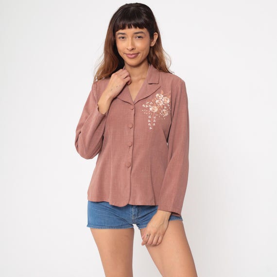 Floral Embroidered Blazer 80s Dusty Rose Jacket Button Up Notched Collar Workwear Office Attire Cherry Blossom Delicate Stitching Small S