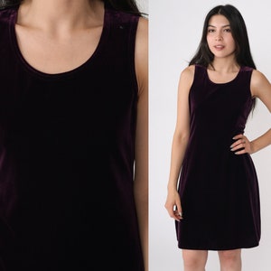 Velvet Mini Dress 90s Purple Party Dress Velour Scoop Neck Sleeveless Shift Sheath 1990s Cocktail Vintage Gothic Minidress Petite Small S