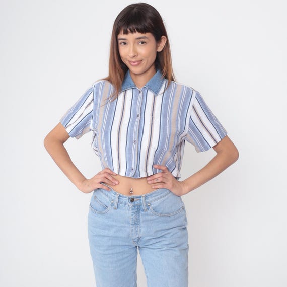 Striped Crop Shirt 90s Angelique Denim Collar Blue White Tan Vertical Stripes Short Sleeve Cotton Summer Casual Lightweight Medium M 8