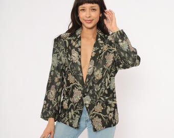Blazer jacquard floral de los 90 Z Cavaricci Chaqueta de tapiz negra Abrigo de brocado con cuello con muescas Botanical Dark Cottagecore Algodón Crema Mediana M