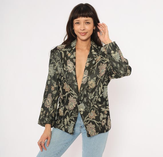 Floral Jacquard Blazer 90s Z Cavaricci Black Tapestry Jacket Notched Collar Brocade Coat Botanical Dark Cottagecore Cotton Cream Medium M