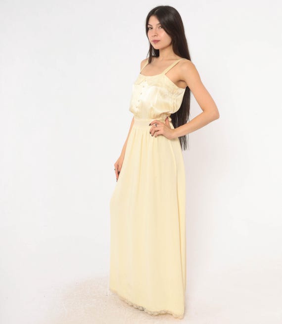 70s Gunne Sax Maxi Dress Cream Satin Lace Trim Pearl Button Spaghetti Strap Blouson Square Neck Prairie Cottagecore Bridal Wedding Medium M