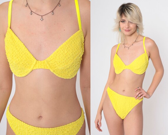 90s Bikini Set High Cut Yellow Two Piece Swimsuit… - image 1