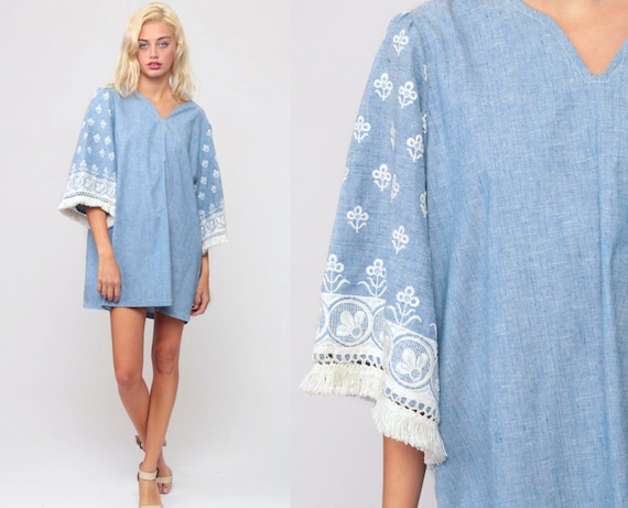 Boho Mini Dress xl 70s Ethnic Hippie EMBROIDERED Blue 1970s Bohemian Caftan FRINGE Gypsy Vintage Long Bell Sleeve MiniDress Extra Large xl