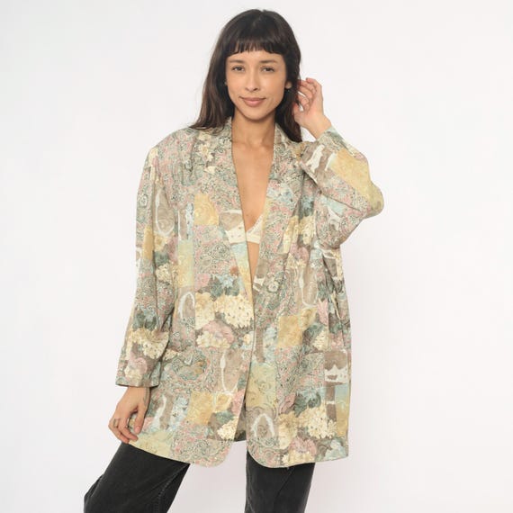 Floral Paisley Blazer 90s Jacket Collar Long Sleeve Cream Yellow Pink Blue Green Beige Vintage Duster Kimono Cardigan Blazer Medium M