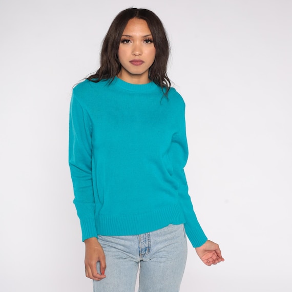 80s Turquoise Sweater Vintage Acrylic Bright Blue Crew Neck Long Sleeve Knit Pullover Preppy Layering Winter Autumn Jewel Colors Large L