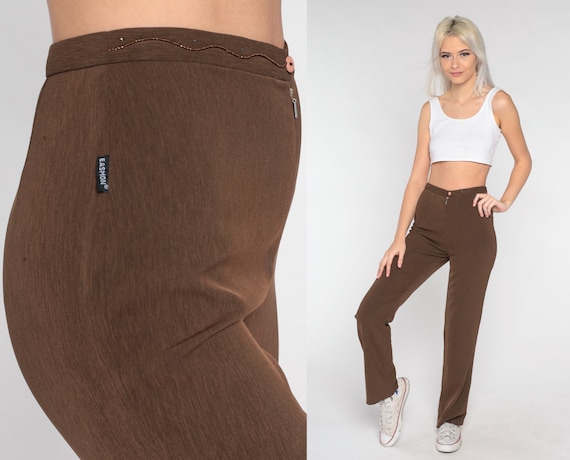 Brown Trousers Y2K High Waisted Pants Sparkly Squiggle Straight Leg Pants Retro Groovy Hippie Festival Easmon Vintage 00s Extra Small xs