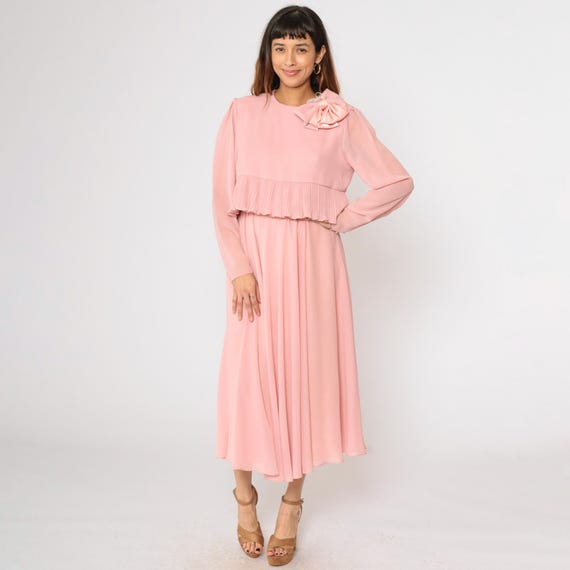 Vintage Pink Chiffon Dress 80s Long Sleeve Midi Pleated Ruffle Overlay Bow Detail Romantic 1980s Formal Party Gown Puff Sleeve Medium M