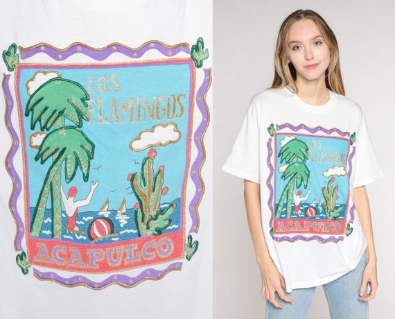 Los Flamingos Acapulco Shirt 90s Mexico Resort T-Shirt Glitter Puff Paint Ocean Beach Swimmer Graphic Tee Travel Vintage 1990s Medium Large