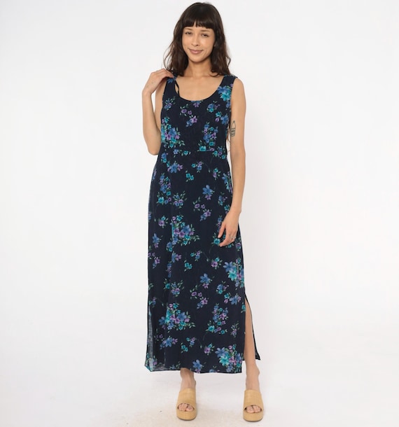 90s Floral Maxi Dress Dark Blue Purple Turquoise Sleeveless Loose Fit Shift Cottagecore Fairycore Grunge Long Tank Summer Vintage Large L