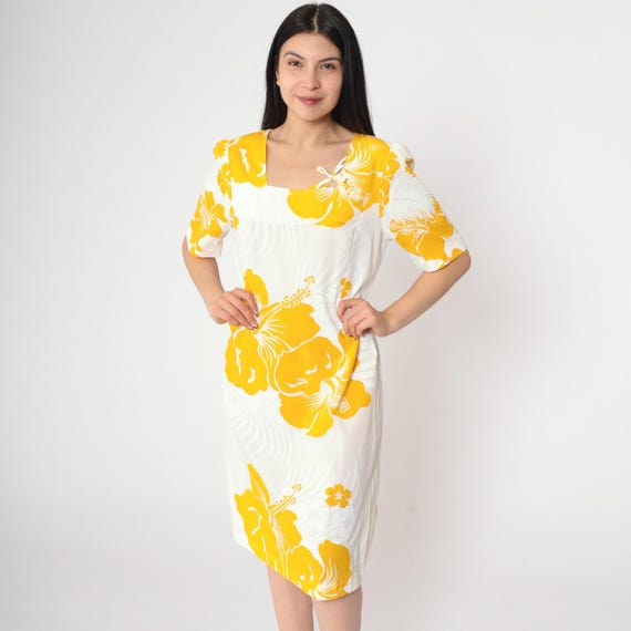 Vintage Floral Hawaiian Dress White Yellow Tropical Mini Dress 80s Square Neck Surfer Dress 1980s Surf Puff Sleeve Dress Summer Shift Small