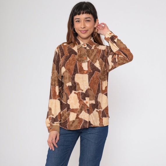 90s Patchwork Blouse Brown Abstract Button Up Shi… - image 5