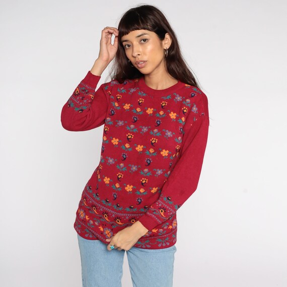 Paisley Floral Sweater 80s Red Sweater Graphic Print Knit Slouchy 1980s Pullover Vintage Hipster Jumper Small