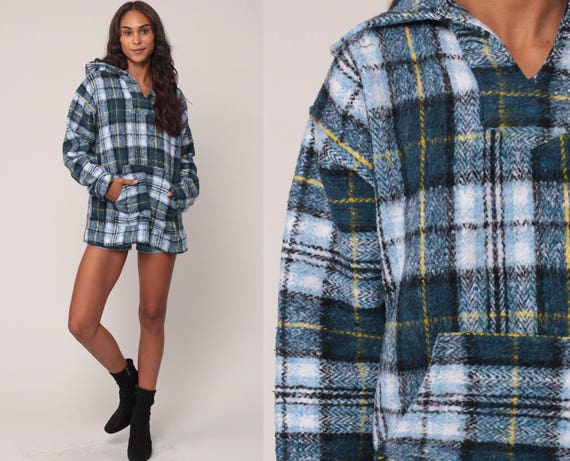 Hooded Jacket Pullover PLAID Sweatshirt Jacket 90s Grunge HOODIE Jacket Drug Rug 1990s Vintage Pocket Hood Blue Small Medium