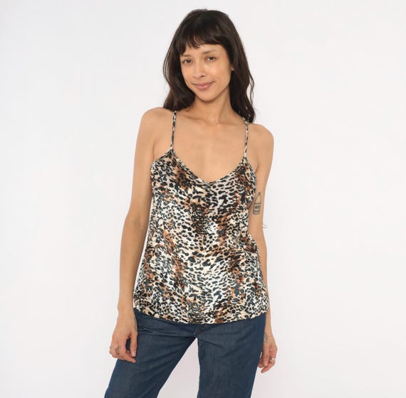 Y2K  Leopard Print Cami Satin Spaghetti Strap Tank Animal Pattern V Neck Top Cheetah Spot Blouse Tan Black Going Out Club Shirt Medium M
