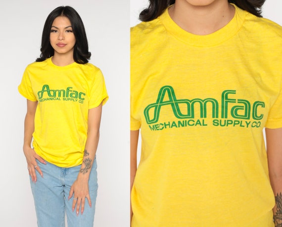 Amfac T Shirt 80s Bright Yellow Graphic Tee Mechanical Supply Co T-Shirt Retro Hipster Single Stitch Vintage 1980s Screen Stars Mens Medium