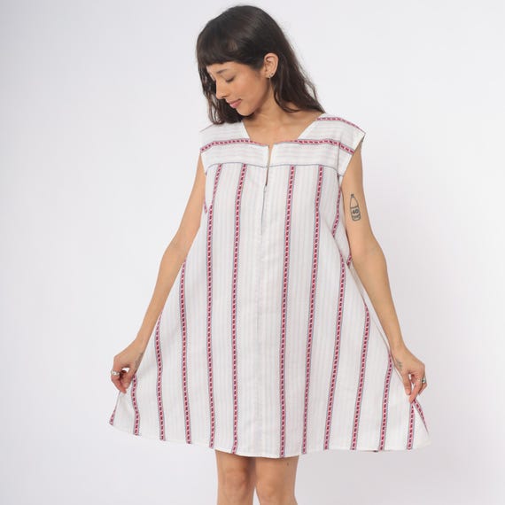 70s Folk Dress White Embroidered Stripe Peasant Tent Shift Knee Length Cap Sleeve Red Pink Trim Mod Festival  Large L