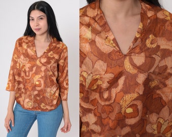 Floral Blouse 70s Boho Top Warm Earth Tone Abstract Flower Print Shirt Collared V Neck 3/4 Sleeve Brown Tan Orange Vintage 1970s Medium M