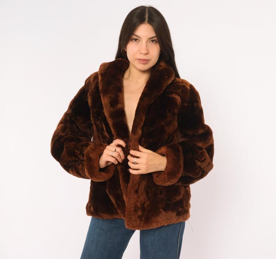 60s Brown Fuzzy Jacket Shawl Collar Cropped Coat Chestnut Chocolate Plush Boxy Mocha Winter Fall Autumn Teddy Vegan Vintage Small S