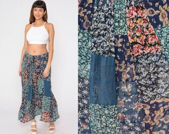 Patchwork Floral Skirt 90s Maxi Broomstick Skirt Blue Lace Flower Mixed Print Boho Hippie Drawstring Waist Vintage 1990s Tangibles Medium M