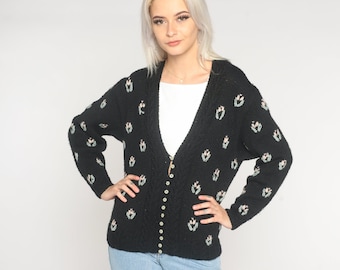 Wełniany kardigan kwiatowy z lat 90., czarny, zapinany na guziki, dzianinowy sweter babciny, retro, uroczy, boho, hipisowski, głęboki dekolt w serek, vintage, lata 90., mały rozmiar S