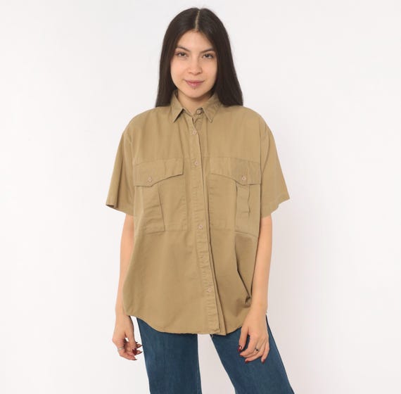90s Safari Shirt Forenza Button Front Tan Cotton Blouse Khaki Utility Top Sand Collar Camp Short Sleeve Beige Neutral Earth Tone Small S