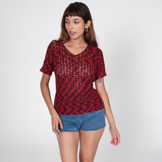 Red Crochet Top 80s Sheer Knit Blouse Open Weave Boho Shirt V Neck Bohemian Blouse See Through Retro Vintage Short Sleeve Small S