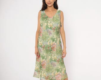Vestido de jardín impresionista de los 90, estampado floral sin mangas, verde, rosa y amarillo, acuarela, estilo cottagecore, flores silvestres, talla XL.