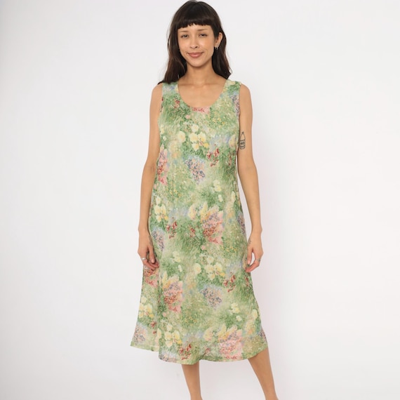 Impressionist Garden Dress 90s Floral Sleeveless Green Pink Yellow Watercolor Painterly Print Summer Cottagecore Wildflower Extra Large XL