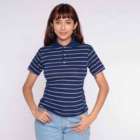 80s Stripe Polo Shirt Navy Blue White Red Horizontal Cotton Collared Ribbed Casual Preppy Collegiate Classic Sport Vintage Knit Top Small S