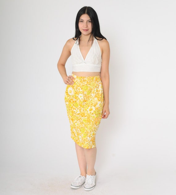 60s Floral Skirt Yellow Crepe Pencil Midi Skirt 1960s High Waisted Hippie Boho Wiggle Skirt Bright Retro 1960s Vintage Small s