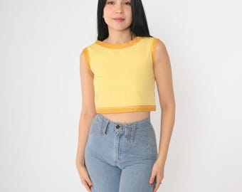 Vintage 60s Crop Top 2xs Yellow Ringer Tank Top Mod Blouse Retro Sleeveless Cropped Shirt Basic Simple Sixties Summer 1960s xxs