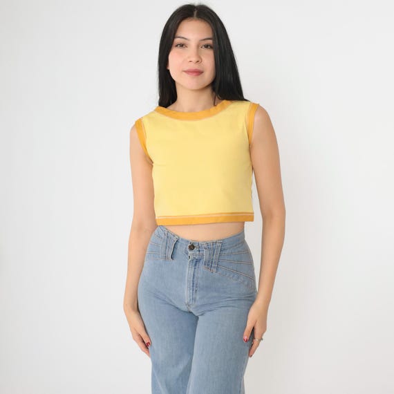 Vintage 60s Crop Top 2xs Yellow Ringer Tank Top Mod Blouse Retro Sleeveless Cropped Shirt Basic Simple Sixties Summer 1960s xxs