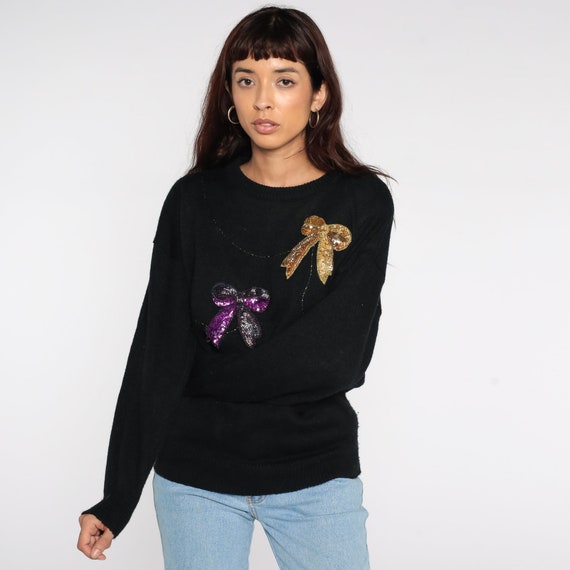 Beaded Bow Sweater 80s Pullover Sweater Purple Gold Holiday Sweater Christmas Statement Knit 1980s Vintage Large L