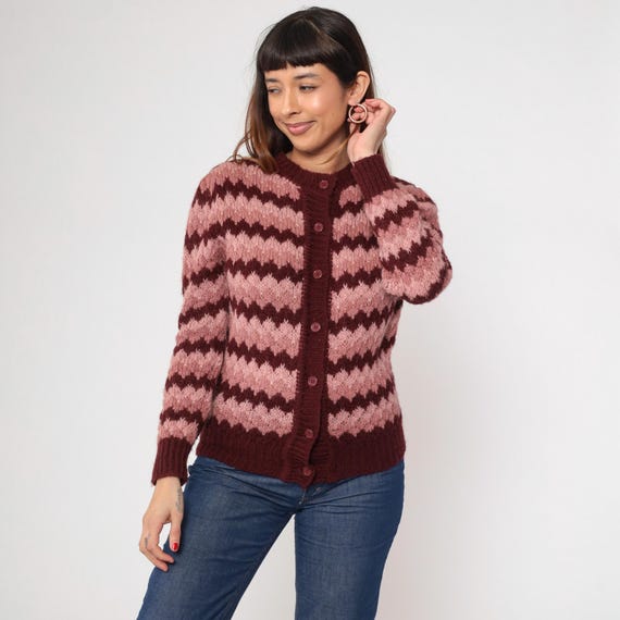 Vintage Boho Striped Cardigan 70s Pink Burgundy Button Up Knit Sweater Bohemian Seventies Knitwear Acrylic 1970s Small S