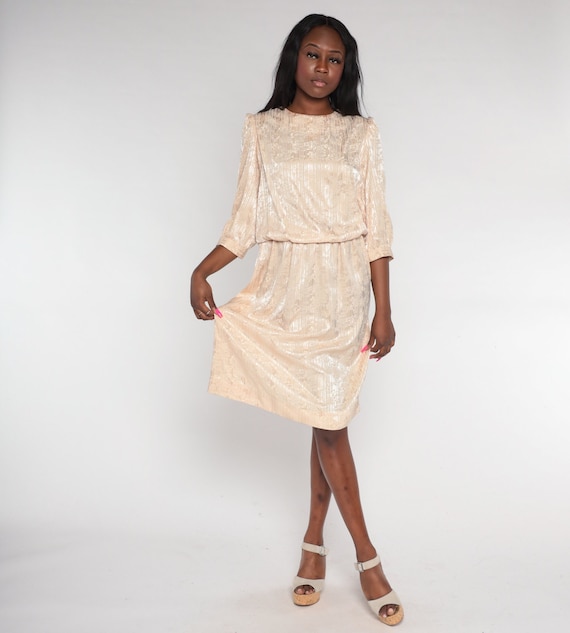 80s Blouson Dress Champagne Embossed Midi Dress Striped Floral Puff Sleeve Secretary Dess Retro High Waisted Shiny Vintage 1980s Medium M