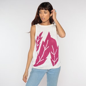 Tropical Leaf Tank Top 80s Sweater Vest Top White Knit Shirt Fuchsia Retro Sleeveless Sweater 1980s Ramie Cotton Vintage Medium