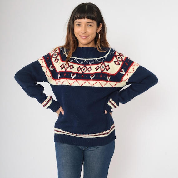 Vintage Nordic Ski Sweater 80s Navy Blue Fair Isle Geometric Pullover Boho Norwegian Sweater Raglan Sleeve 1980s Knit Bohemian Medium