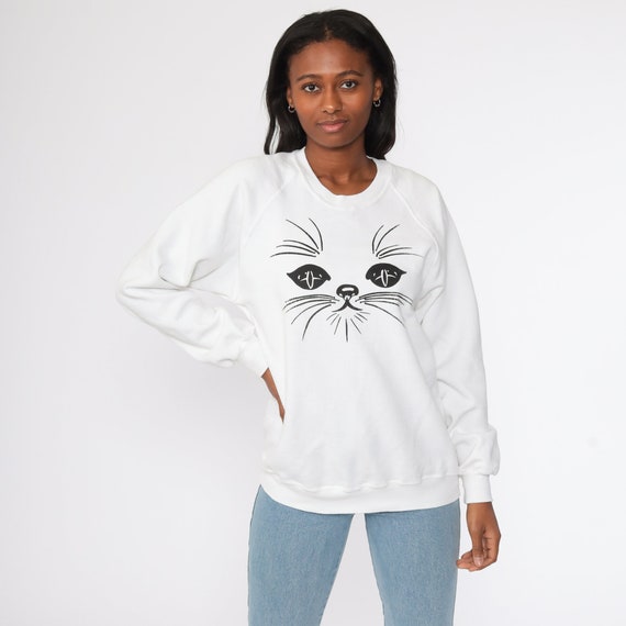 Cat Sweatshirt Jerzees Crewneck 80s Animal Raglan Sleeve Sweatshirt Vintage Cat Face Slouchy Kawaii Graphic White Small Medium