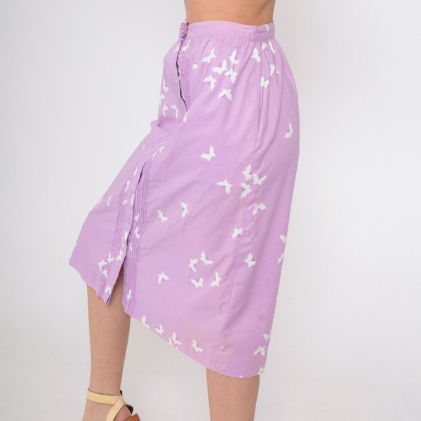 70er Jahre Schmetterlingsrock Lavender Button Up Rock Hippie Rock Boho Pintucked Pencil 1970er Jahre Boho Hippie High Waisted Lila Vintage Small xs s