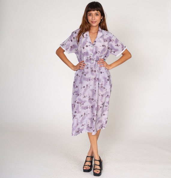 80s Floral Dress Purple Shirtdress Midi Dress Bohemian Button Up Dress Vintage Boho High Elastic Waist 1980s Short Sleeve Dress Medium Large
