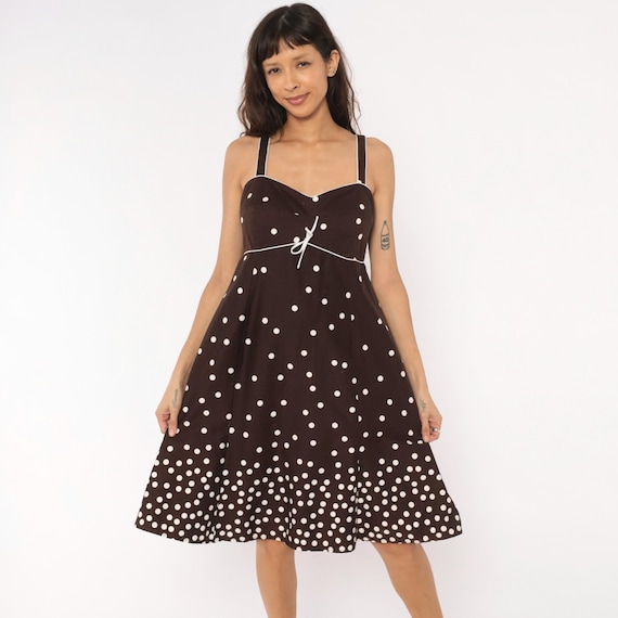 Polka Dot Sundress 2000s Brown White Sweetheart Neckline Bow Front Cotton Piped Trim Summer Pin Up Rockabilly Vintage Extra Large XL