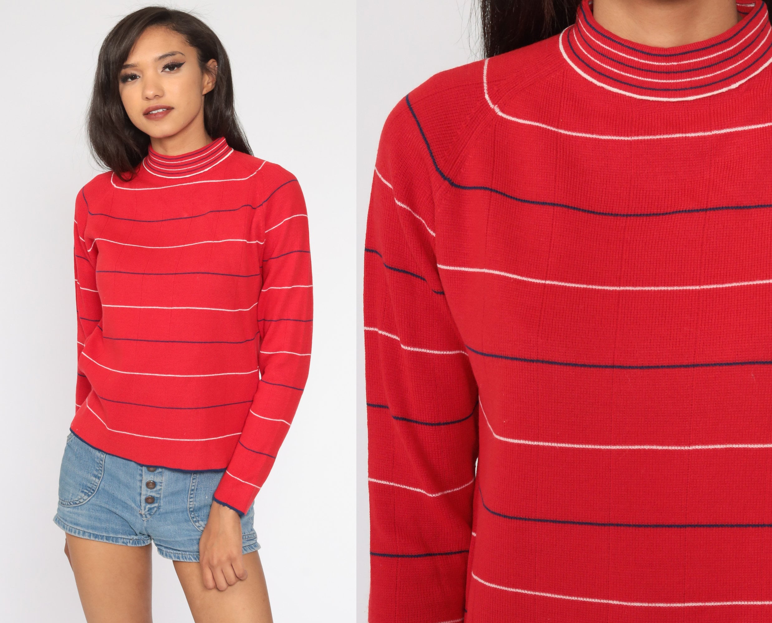 Red Striped Sweater 70s Sweater Knit Pullover Mock Neck Sweater White ...